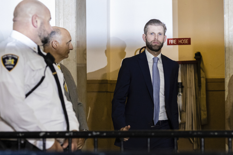 Eric Trump returns to the courtroom after a break for lunch during proceedings at the New York Supreme Court, Thursday, Nov. 2, 2023, in New York.