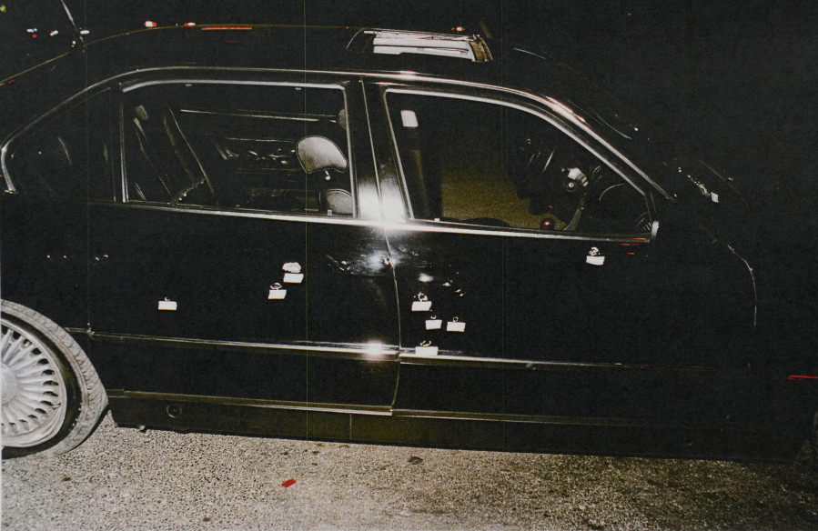 FILE - This photo provided by the Las Vegas Metropolitan Police Department shows the bullet-riddled car in which rapper Tupac Shakur was fatally shot in September 1996, in Las Vegas. Duane "Keffe D" Davis charged with killing Tupac Shakur in 1996 will have a lawyer from one of Las Vegas' best-known political families with him when he appears in court Thursday, Oct. 19, 2023, on a murder charge. Ross Goodman said Wednesday, Oct. 18, he'll appear with Davis but will seek two more weeks to confirm as his attorney.