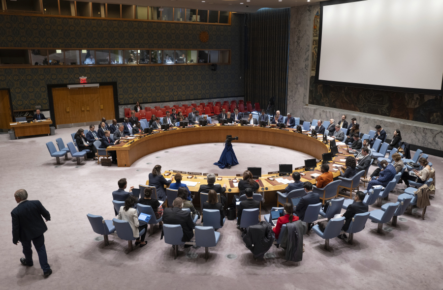 Members of U.N. Security Council meet Monday, Oct. 9, 2023, at United Nations headquarters, specifically to talk about the war in Ukraine and recent attacks by Russia.
