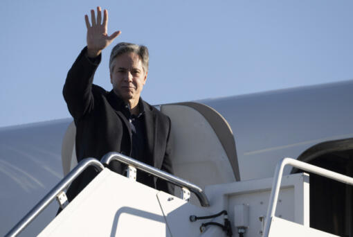 US Secretary of State Antony Blinken boards his aircraft prior to departure, Monday,  Nov. 27, 2023, at Andrews Air Force Base, Md., as he travels to Brussels for a NATO Foreign Ministers meeting.