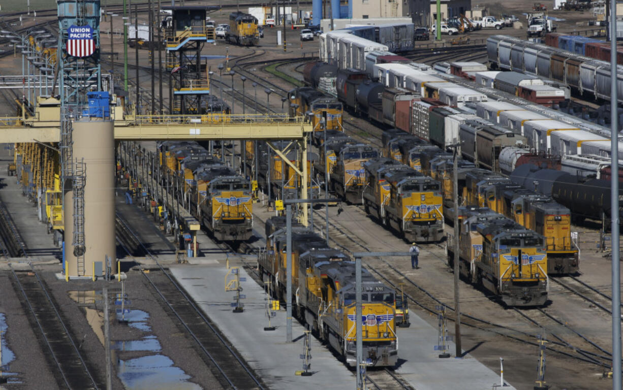 FILE - Locomotives are stacked up with freight cars in the Union Pacific Railroad&rsquo;s Bailey Yard, April 21, 2016, in North Platte, Neb. The explosion of a shipping container filled with toxic acid inside the world&rsquo;s largest railyard, Bailey Yard, combined with hundreds of rules violations inspectors found there, raises questions about Union Pacific&rsquo;s safety and the effectiveness of the rules for shipping hazardous materials. The Sept. 14, 2023, blast fortunately happened in a remote corner of the railyard and the resulting fire did not spread widely.