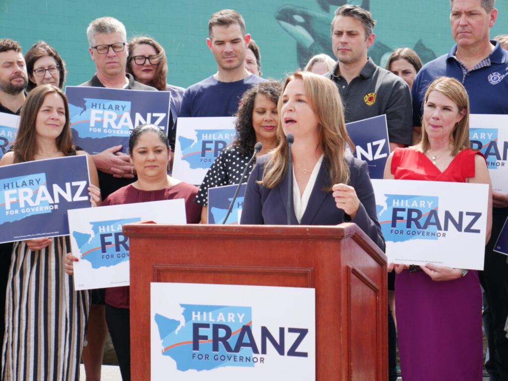 Hilary Franz, commissioner of public lands, launched her campaign for governor at an event in Seattle in May 2023. Franz, a Democrat, dropped out Friday, saying she will run to succeed the retiring U.S. Rep. Derek Kilmer in the 6th Congressional District in 2024.