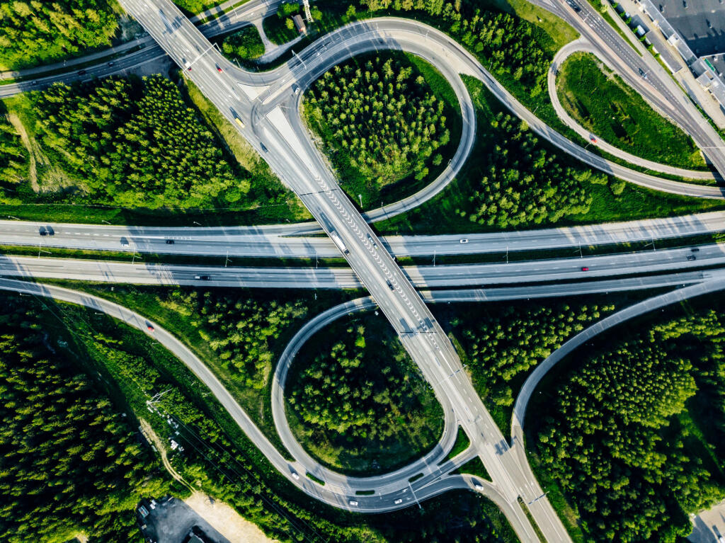 Aerial view of highway and overpass in Finland.