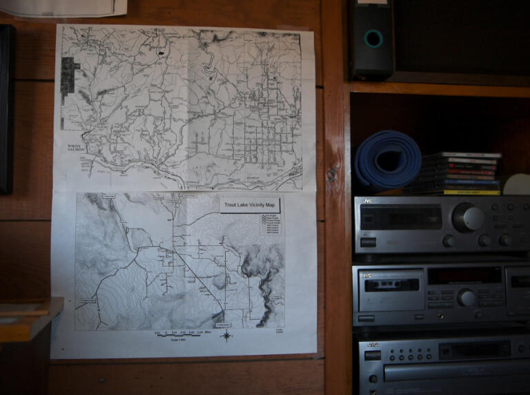 Maps of Trout Lake and the surrounding area hang in Pat Arnold&rsquo;s office.
