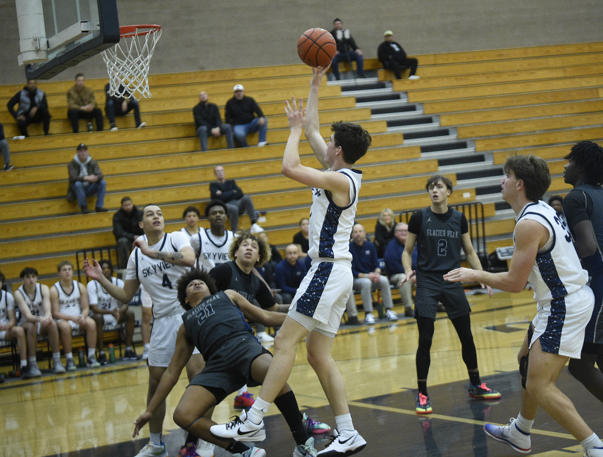 Skyview's Gavin Perdue takes a shot during the Storm's game against Glacier Peak at Skyview High School on Saturday, Dec. 2, 2023.