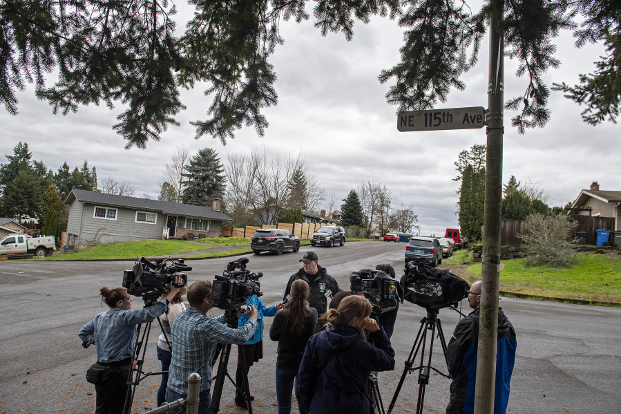Sgt. Chris Skidmore speaks to members of the media after five people died in an apparent murder-suicide at a home in Orchards, according to the Clark County Sheriff&rsquo;s Office, as seen Monday afternoon, Dec. 4, 2023.