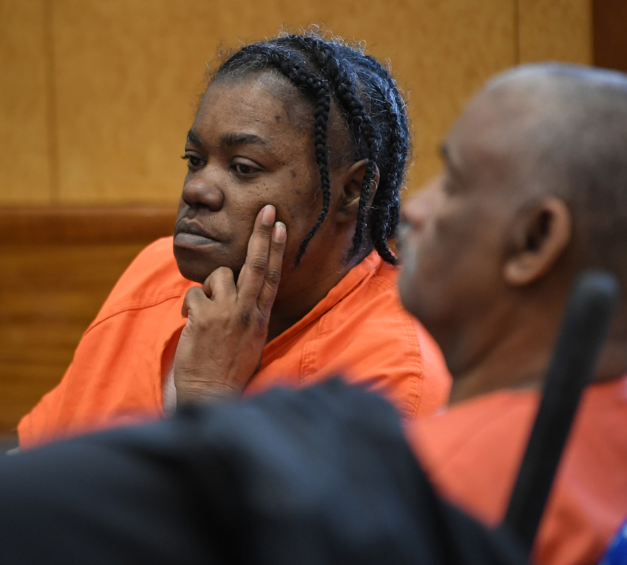 Felicia Adams listens Wednesday during sentencing for her and her husband, Jesse Franks, at the Clark County Courthouse. The pair were found guilty of homicide by abuse and second-degree murder in the 2020 starvation death of their adopted 15-year-old son, Karreon Franks, after a two-week trial in October.