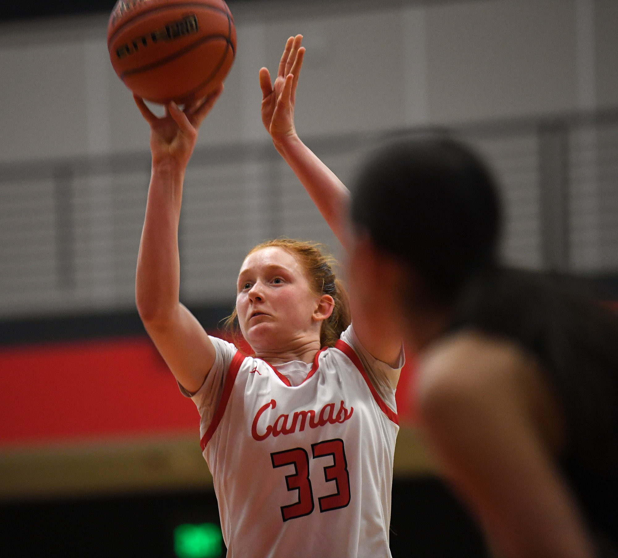 Camas senior Addison Harris shoots a free throw Friday, Dec. 15, 2023, during the Papermakers’ 58-46 win against Eastlake at Camas High School.