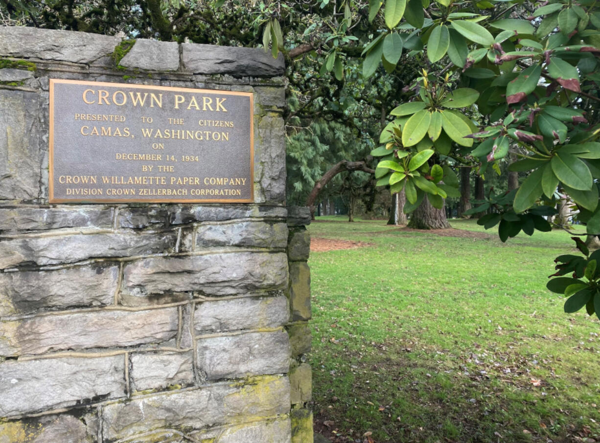 A dedication sign welcomes visitors to Crown Park, shown in December 2021. The park is slated for a full remodel.