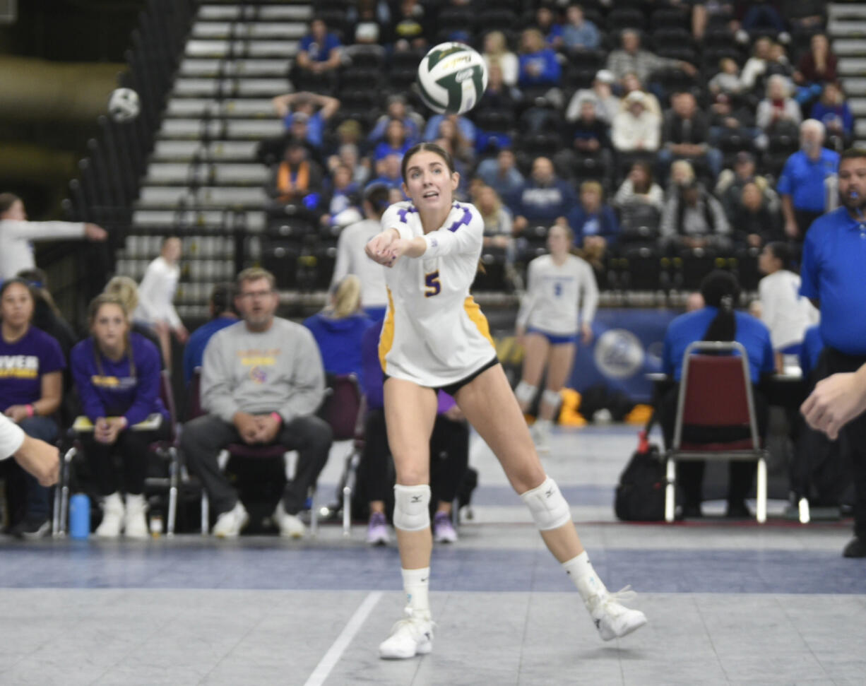 Columbia River's Lauren Dreves (5) makes a dig during the Class 2A volleyball state semifinals match against Burlington-Edison on Saturday, Nov. 11, 2023 in Yakima.