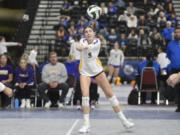 Columbia River's Lauren Dreves (5) makes a dig during the Class 2A volleyball state semifinals match against Burlington-Edison on Saturday, Nov. 11, 2023 in Yakima.
