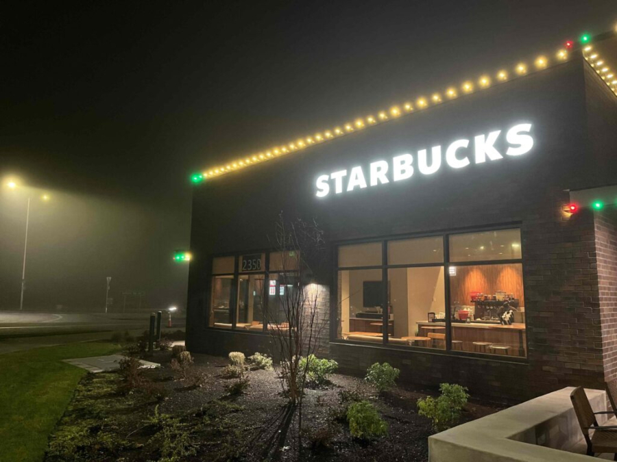 A Starbucks on a foggy winter night, near Olympia, Wash.