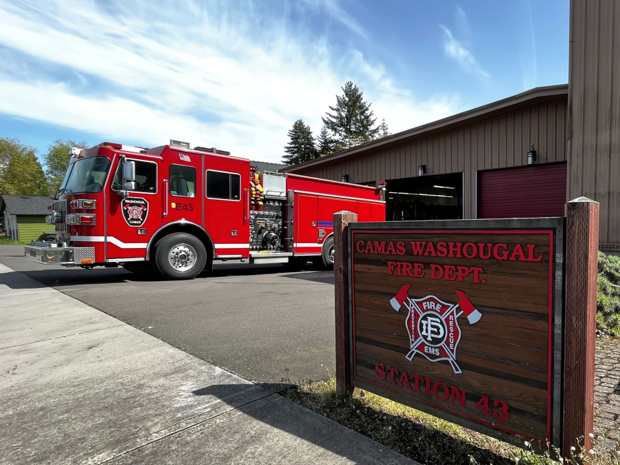 A fire engine sits in front of the Camas-Washougal Fire Department&rsquo;s Station 43 in Washougal in 2022.