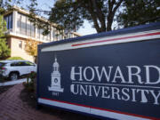 An entrance sign near the main gate at Howard University Oct. 25, 2021, in Washington, DC. Students have complained about mold and poor conditions in some dorm rooms and over 100 students have been staging a weeks-long protest to highlight the issues.