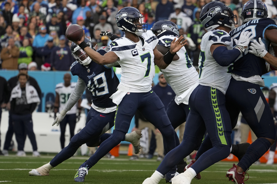 Seattle Seahawks offensive line did its job in the second half against the Tennessee Titans, keeping quarterback Geno Smith (7) upright long enough to complete passes on, Sunday, Dec. 24, 2023, in Nashville, Tenn.
