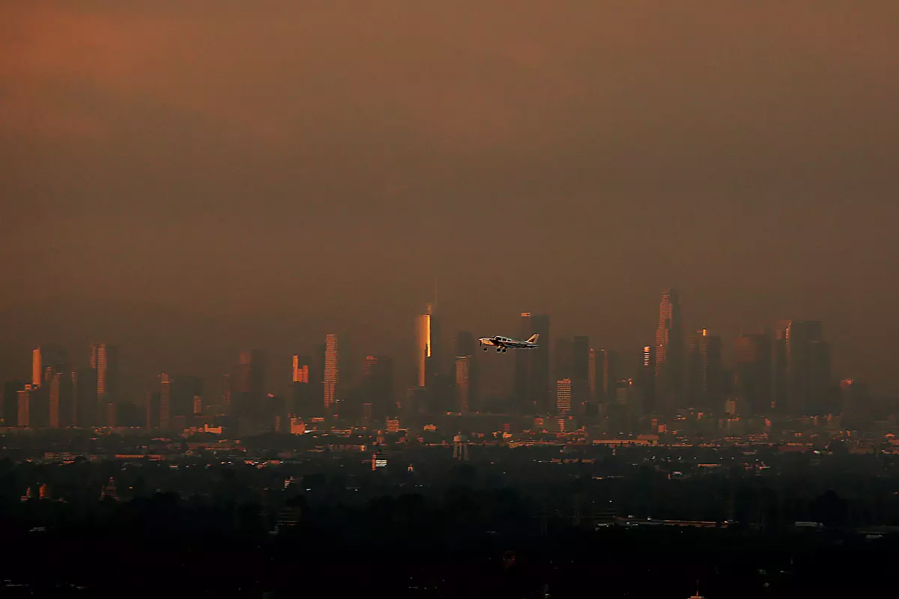 The Los Angeles skyline in early December. A no-burn order is in effect for a swath of Southern California.