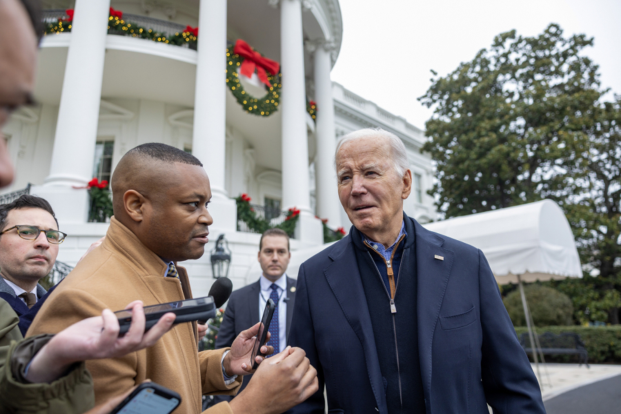 U.S. President Joe Biden talks to the press before boarding Marine One on the south lawn of the White House on Dec. 23, 2023, in Washington, DC.