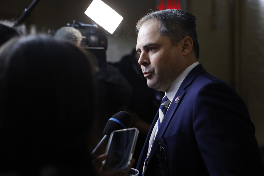 Rep. Mike Garcia (R-CA) speaks to reporters as he departs a House Republican Conference meeting at the U.S. Capitol on Nov. 2, 2023, in Washington, DC. House Republicans held a conference meeting to discuss the party agenda.