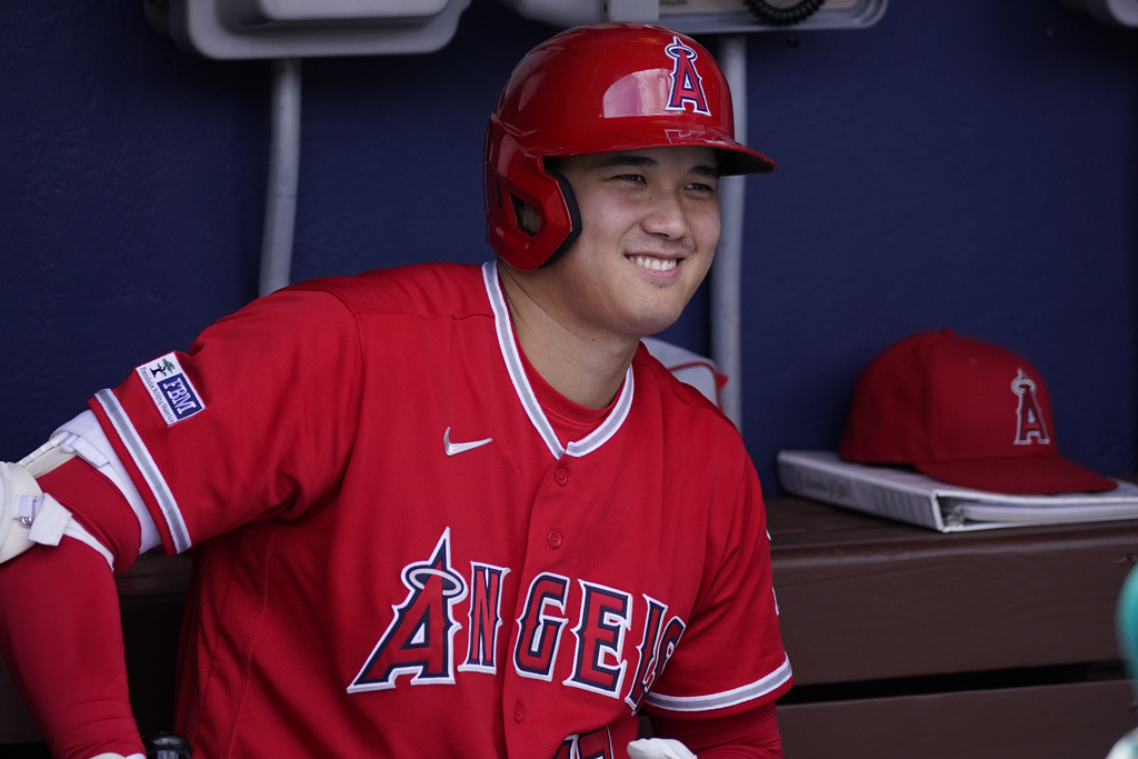 FILE - Los Angeles Angels' Shohei Ohtani smiles before a baseball game, Wednesday, Aug. 30, 2023, in Philadelphia. Shohei Ohtani is a favorite to win his second AL Most Valuable Player award, Thursday, Nov. 16, 2023, and is likely to speak publicly since tearing an elbow ligament on Aug. 9, an injury that required surgery and will keep him off the mound next year.
