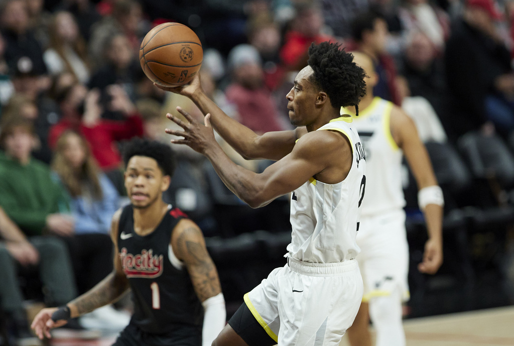Utah Jazz guard Collin Sexton shoots against the Portland Trail Blazers during the second half of an NBA basketball game in Portland, Ore., Thursday, Dec. 14, 2023.