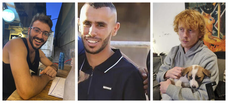 This photo combo shows three hostages who had been abducted from Israeli communities near the Gaza border, from left, Alon Shamriz, Samer Al-Talalka and Yotam Haim. Israeli troops mistakenly shot the three hostages to death Friday, Dec. 15, 2023 in the Gaza City area of Shijaiyah, where troops have been engaged in fierce fighting with Hamas militants.