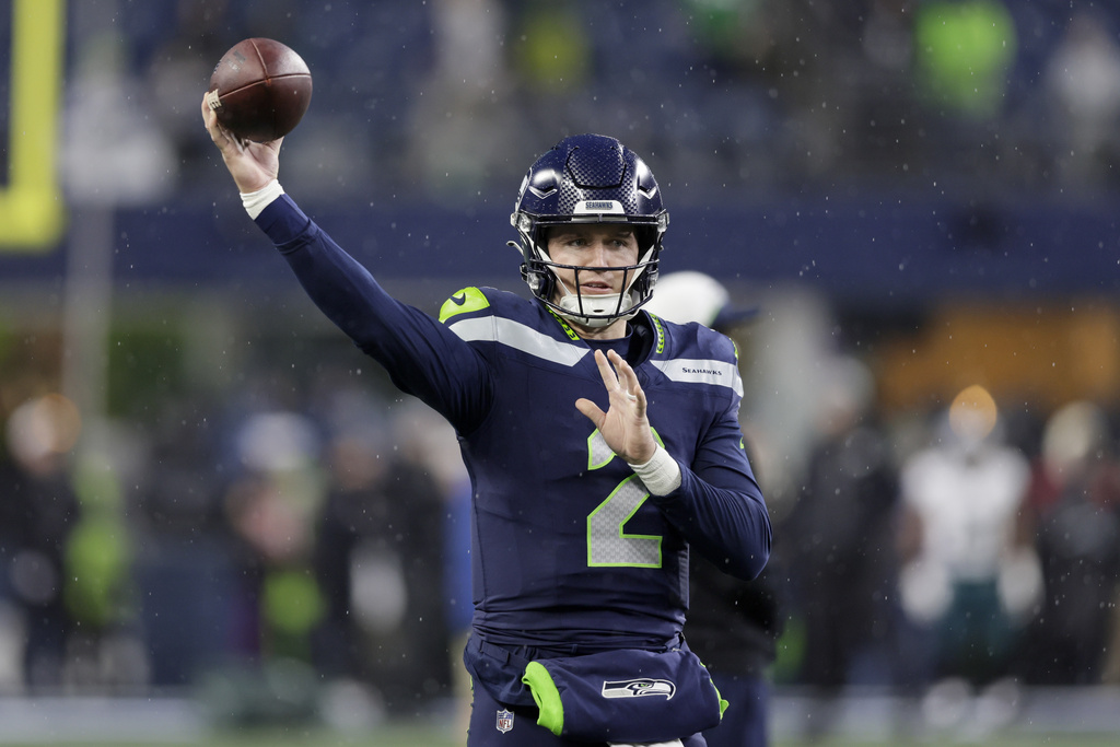 Seattle Seahawks quarterback Drew Lock works out prior to an NFL football game against the Philadelphia Eagles, Monday, Dec. 18, 2023, in Seattle.