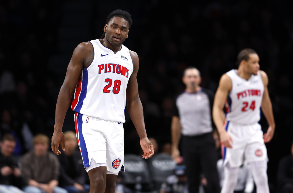 Detroit Pistons center Isaiah Stewart (28) reacts after being charged with a foul against the Brooklyn Nets during the second half of an NBA basketball game, Saturday, Dec. 23, 2023, in New York. (AP Photo/Noah K.