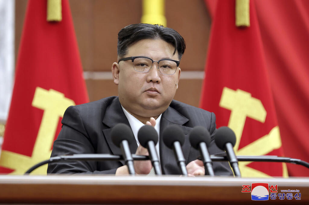 In this photo provided by the North Korean government, North Korean leader Kim Jong Un delivers a speech during a year-end plenary meeting of the ruling Workers’ Party, which was held between Dec. 26, and Dec. 30, 2023, in Pyongyang, North Korea. Independent journalists were not given access to cover the event depicted in this image distributed by the North Korean government. The content of this image is as provided and cannot be independently verified. Korean language watermark on image as provided by source reads: "KCNA" which is the abbreviation for Korean Central News Agency.