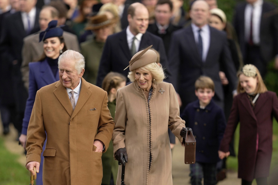 Britain&rsquo;s King Charles III and Queen Camilla arrive to attend the Christmas day service at St Mary Magdalene Church in Sandringham in Norfolk, England, Monday, Dec.