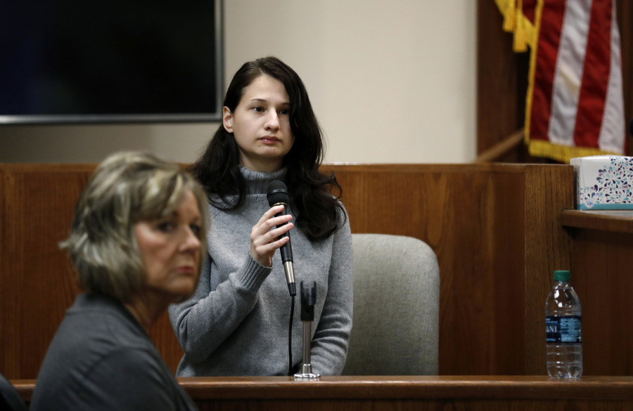 FILE - Gypsy Rose Blanchard takes the stand during the trial of her ex-boyfriend Nicholas Godejohn, Nov. 15, 2018, in Springfield, Mo. Blanchard, the Missouri woman who admitted to convincing her online boyfriend to kill her abusive mother after being forced to pretend for years she was suffering from leukemia, muscular dystrophy and other serious illnesses, is set to be paroled Thursday, Dec. 28, 2023.