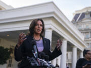 Vice President Kamala Harris makes a statement on abortion access at the White House, Wednesday, Nov. 8, 2023, in Washington.