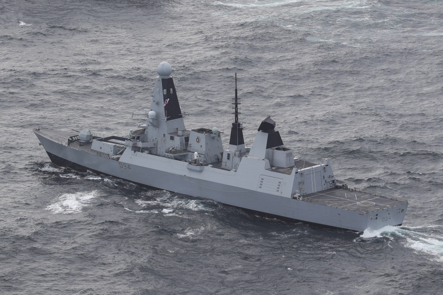 In this photo provided by the Ministry of Defence on Saturday, Dec. 16, 2023, a view of the HMS Diamond off the coast of Scotland, Oct. 4, 2020.  A Royal Navy warship has shot down a suspected attack drone targeting commercial ships in the Red Sea, Britain&rsquo;s defense secretary said Saturday, Dec. 16, 2023.