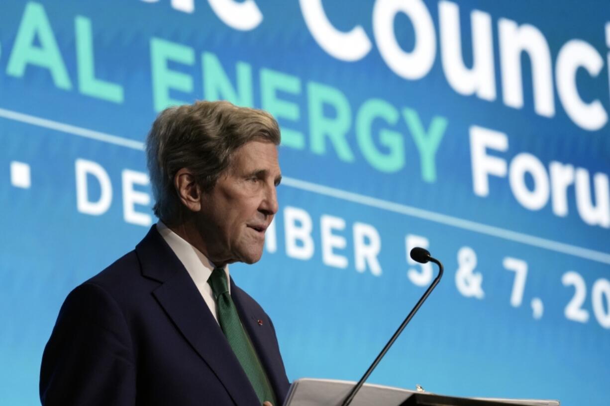 John Kerry, U.S. Special Presidential Envoy for Climate, speaks about nuclear fusion at the COP28 U.N. Climate Summit, Tuesday, Dec. 5, 2023, in Dubai, United Arab Emirates. (AP Photo/Joshua A.