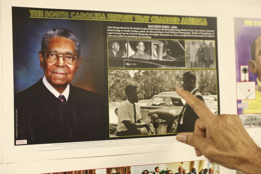 A display to honor federal judge Matthew Perry is shown by South Carolina civil rights photographer Cecil Williams at his museum, the only civil rights museum in the state, on Tuesday, Dec. 12, 2023, in Orangeburg, South Carolina.