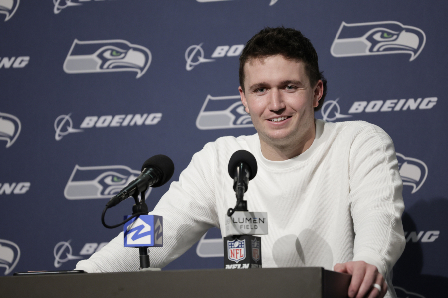 Seattle Seahawks quarterback Drew Lock speaks to the news media after an NFL football game against the Philadelphia Eagles, Monday, Dec. 18, 2023, in Seattle.