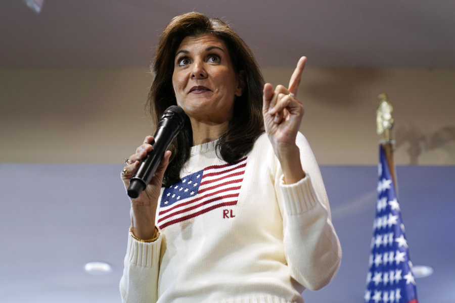 FILE - Republican presidential candidate Nikki Haley speaks during a town hall, Dec. 18, 2023, in Nevada, Iowa. Haley is betting her 2024 candidacy on winning South Carolina. But the politics of Haley&rsquo;s home state have shifted far to the right since she was governor.