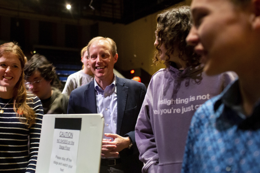 Minnesota Secretary of State Steve Simon talks to students after a Q&amp;A with members of Voterama, a student group focused on voter advocacy and awareness at Breck School in Golden Valley, Minn. Friday, Dec. 1, 2023.