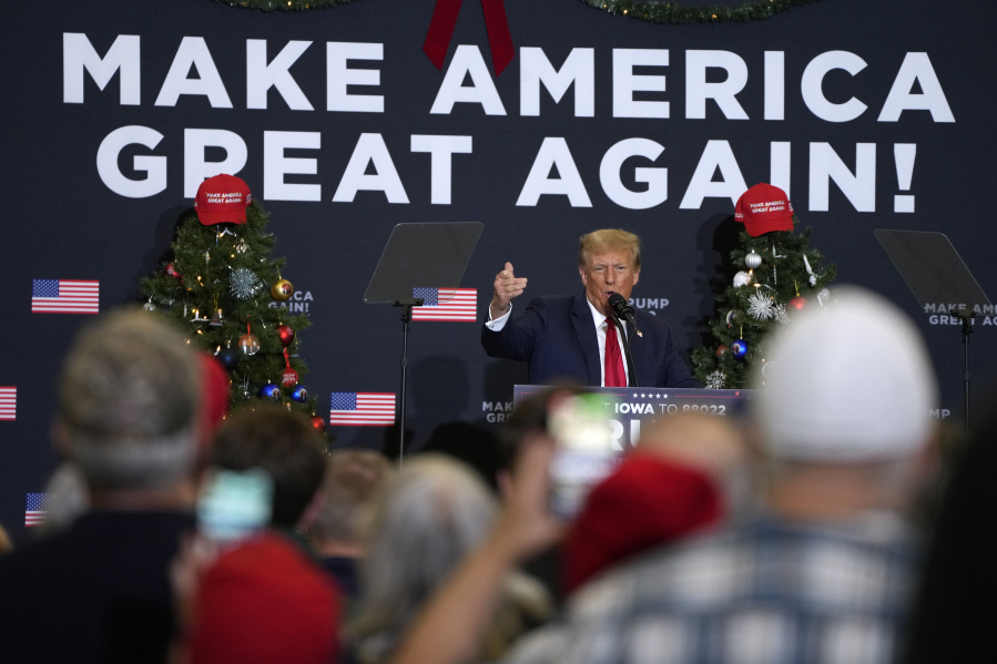 Former President Donald Trump speaks during a commit to caucus rally, Tuesday, Dec. 19, 2023, in Waterloo, Iowa.