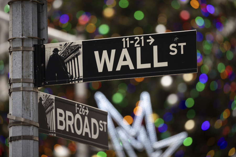 File - A sign at the intersection of Broad and Wall streets is shown outside the New York Stock Exchange, Monday, Dec. 11, 2023, in New York.