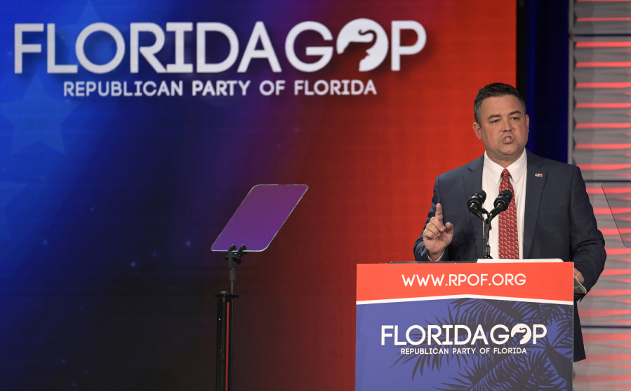 Florida Party of Florida Chairman Christian Ziegler addresses attendees at the Republican Party of Florida Freedom Summit, Nov. 4, 2023, in Kissimmee, Fla. The Republican Party of Florida suspended Ziegler and demanded his resignation during an emergency meeting Sunday, Dec. 17, adding to calls by Gov. Ron DeSantis and other top officials for him to step down as police investigate a rape accusation against him. (AP Photo/Phelan M.