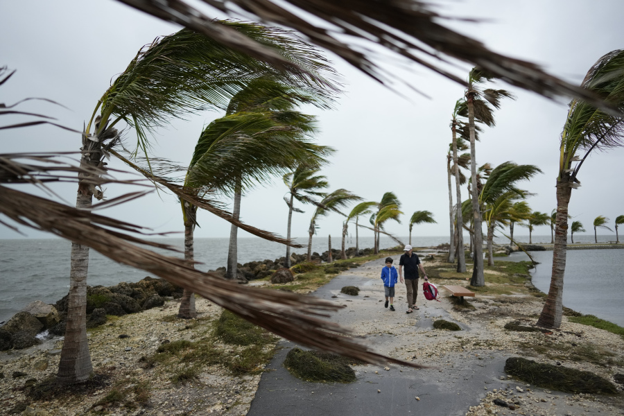 Bob Givehchi, right, and his son Daniel, 8, Toronto residents visiting Miami for the first time, walk past debris and palm trees blowing in gusty winds Friday at Matheson Hammock Park in Coral Gables, Fla.