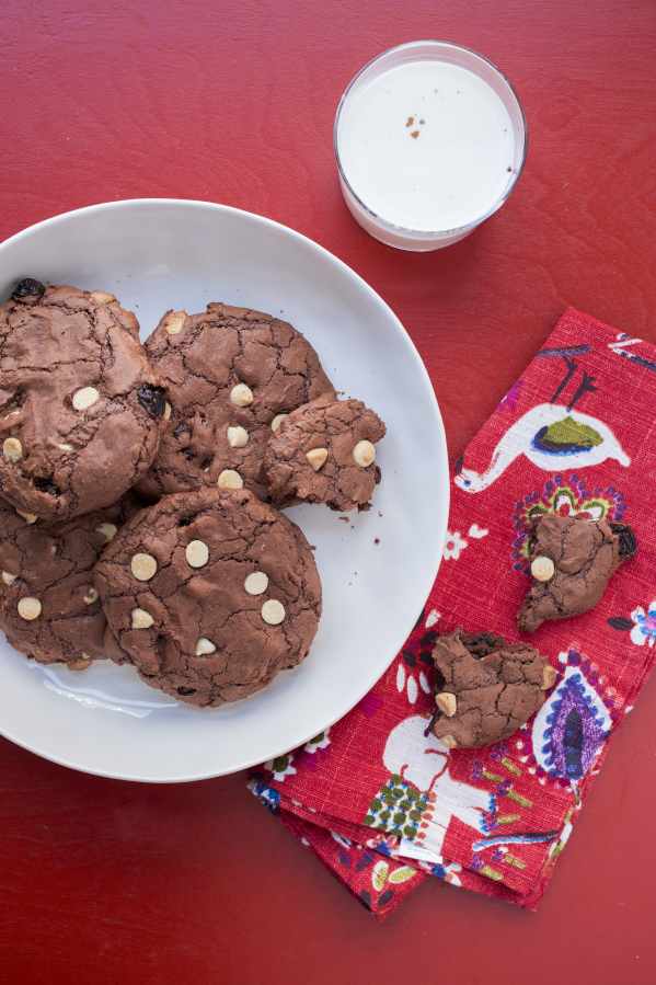 Chocolate brownie cookies with dried cherries and white chocolate chips.