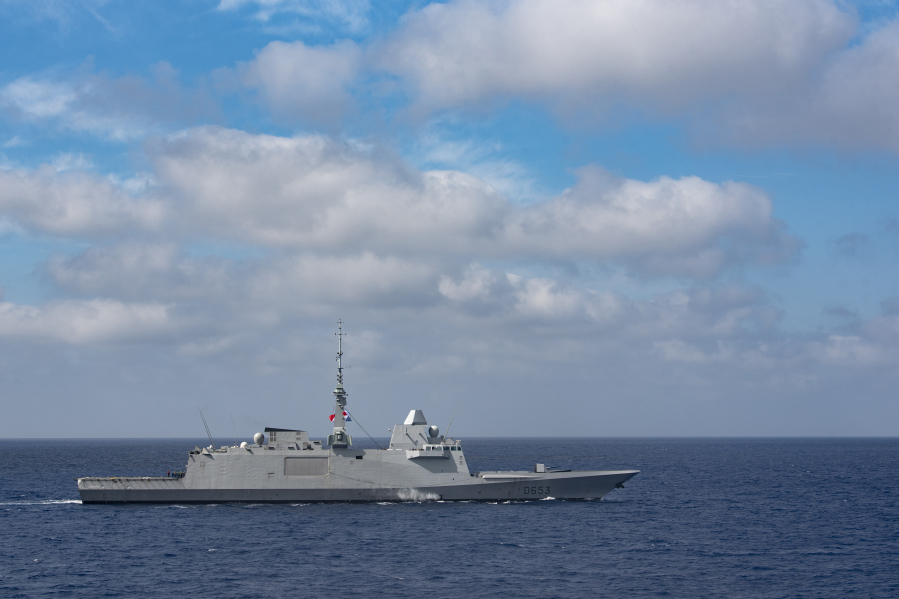 This photo provided by the French Navy shows the frigate Languedoc in the Strait of Hormuz, between the Persian Gulf and the Gulf of Oman, Friday, May 28, 2021. France said Sunday, Dec. 10, 2023, that one of its warships in the Red Sea was targeted by drones coming from Yemen. Both were intercepted and shot down.