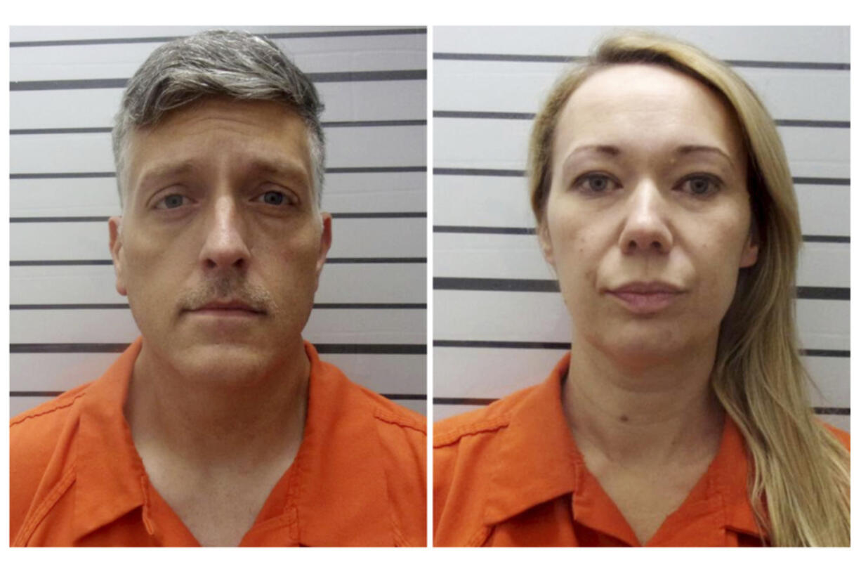 FILE - This combo of booking photos provided by the Muskogee County, Okla., Sheriff&rsquo;s Office shows Jon Hallford, left, and Carie Hallford. Jon and Carie Hallford, the owners of Return to Nature Funeral Home, the Colorado funeral home where 190 decaying bodies were found, are set to appear in court Tuesday, Dec. 5, 2023, facing allegations that they abused corpses, stole, money laundered and forged documents.