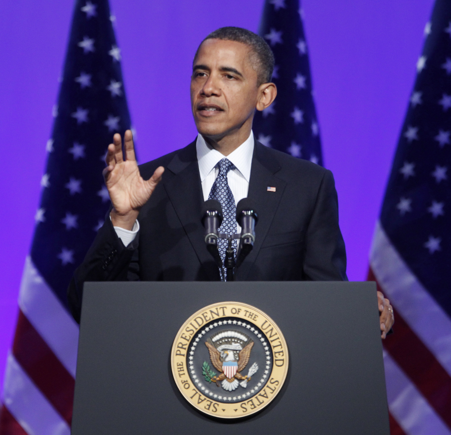 President Barack Obama gestures as he speaks at the 2012 American Society of News Editors annual convention in Washington, D.C. ASNE, which later joined with Associated Press Managing Editors, is disbanding.