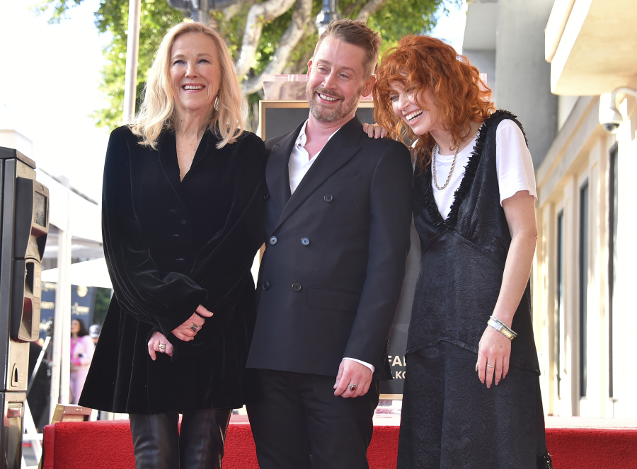 Catherine O&rsquo;Hara, from left, Macaulay Culkin and Natasha Lyonne attend a ceremony honoring Culkin with a star on the Hollywood Walk of Fame on Friday, Dec. 1, 2023, in Los Angeles.