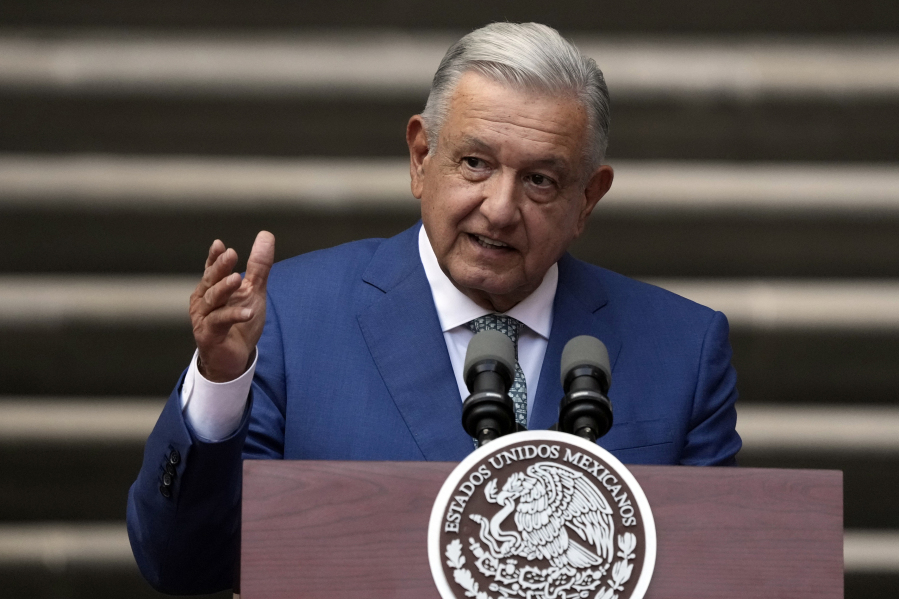 FILE - Mexican President Andres Manuel Lopez Obrador speaks at the National Palace in Mexico City, Jan. 10, 2023. Lopez Obrador said on Dec. 22, 2023 that he is willing to help out with a surge of migrants that led to the closure of border crossings with the U.S., but he wants the U.S. government to open talks with Cuba and send more development aid to migrants&rsquo; home countries.
