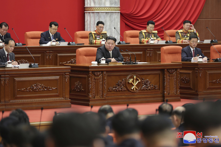 In this photo provided by the North Korean government, North Korean leader Kim Jong Un delivers a speech during a year-end plenary meeting of the ruling Workers&rsquo; Party in Pyongyang, North Korea, Thursday, Dec. 28, 2023. Independent journalists were not given access to cover the event depicted in this image distributed by the North Korean government. The content of this image is as provided and cannot be independently verified. Korean language watermark on image as provided by source reads: &ldquo;KCNA&rdquo; which is the abbreviation for Korean Central News Agency.
