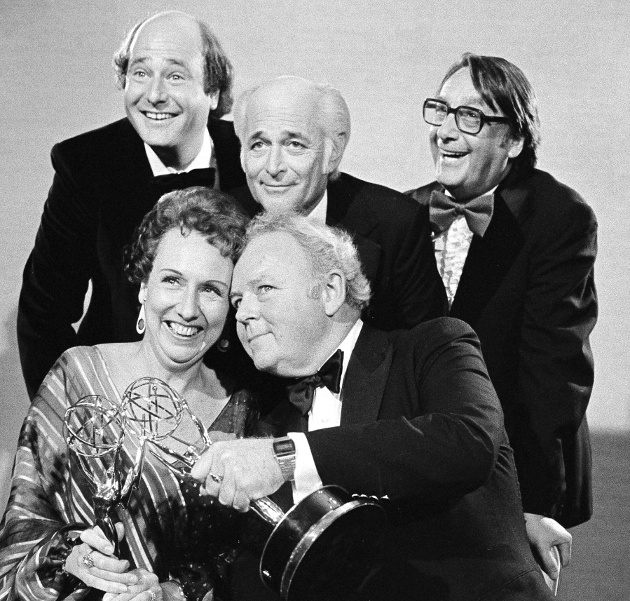Actors Jean Stapleton, seated, left, and Carroll O&rsquo;Connor, seated, right, from &ldquo;All in the Family&rdquo; hold their Emmys for outstanding lead actress and actor in a comedy series, as they pose with co-star Rob Reiner, who won for supporting actor in a comedy series, standing left, producer Norman Lear, and executive producer Mort Lachman, standing right, in Los Angeles on Sept. 18, 1978.