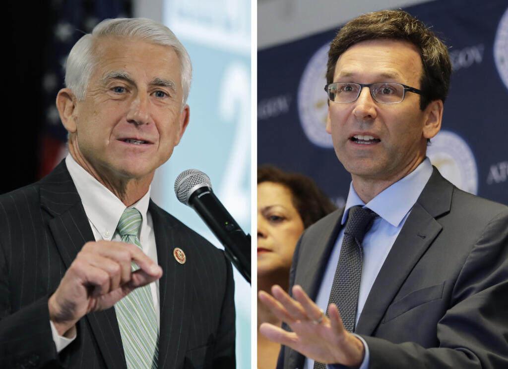 Former Republican U.S. Rep. Dave Reichert, left, and Democratic Attorney General Bob Ferguson are running for Washington governor in 2024.